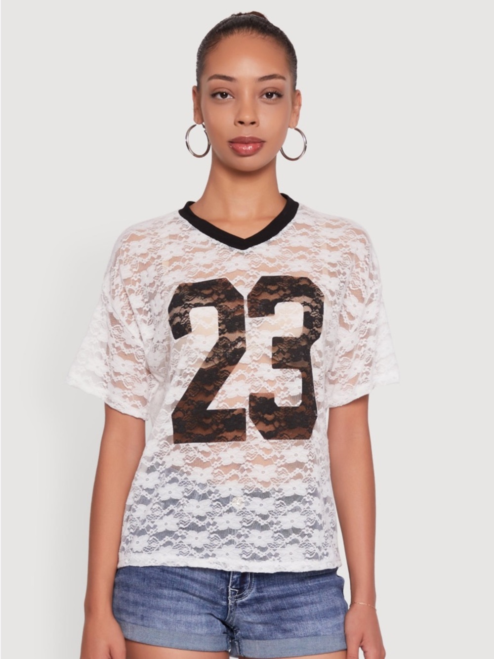 Rainbow Floral Lace Graphic V-Neck Top